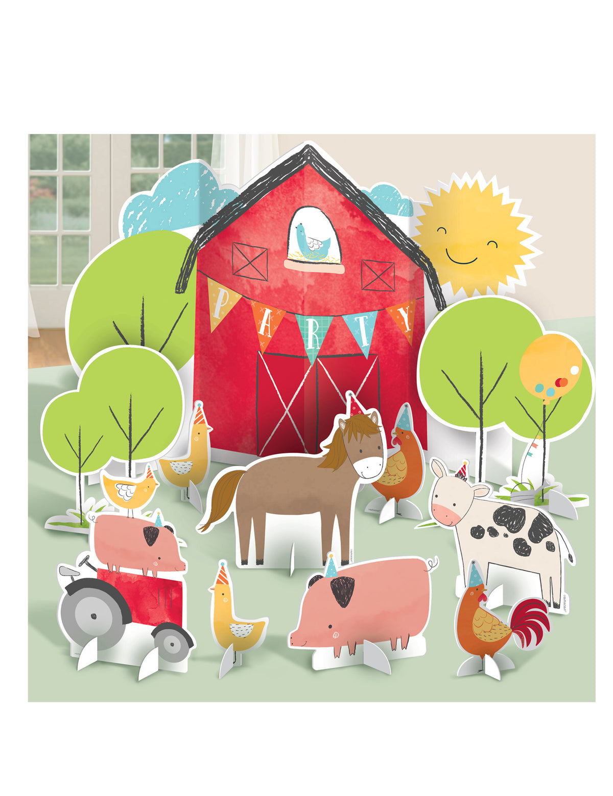 Décorations de table en carton à la ferme pour anniversaire multicolores avec grange rouge et animaux