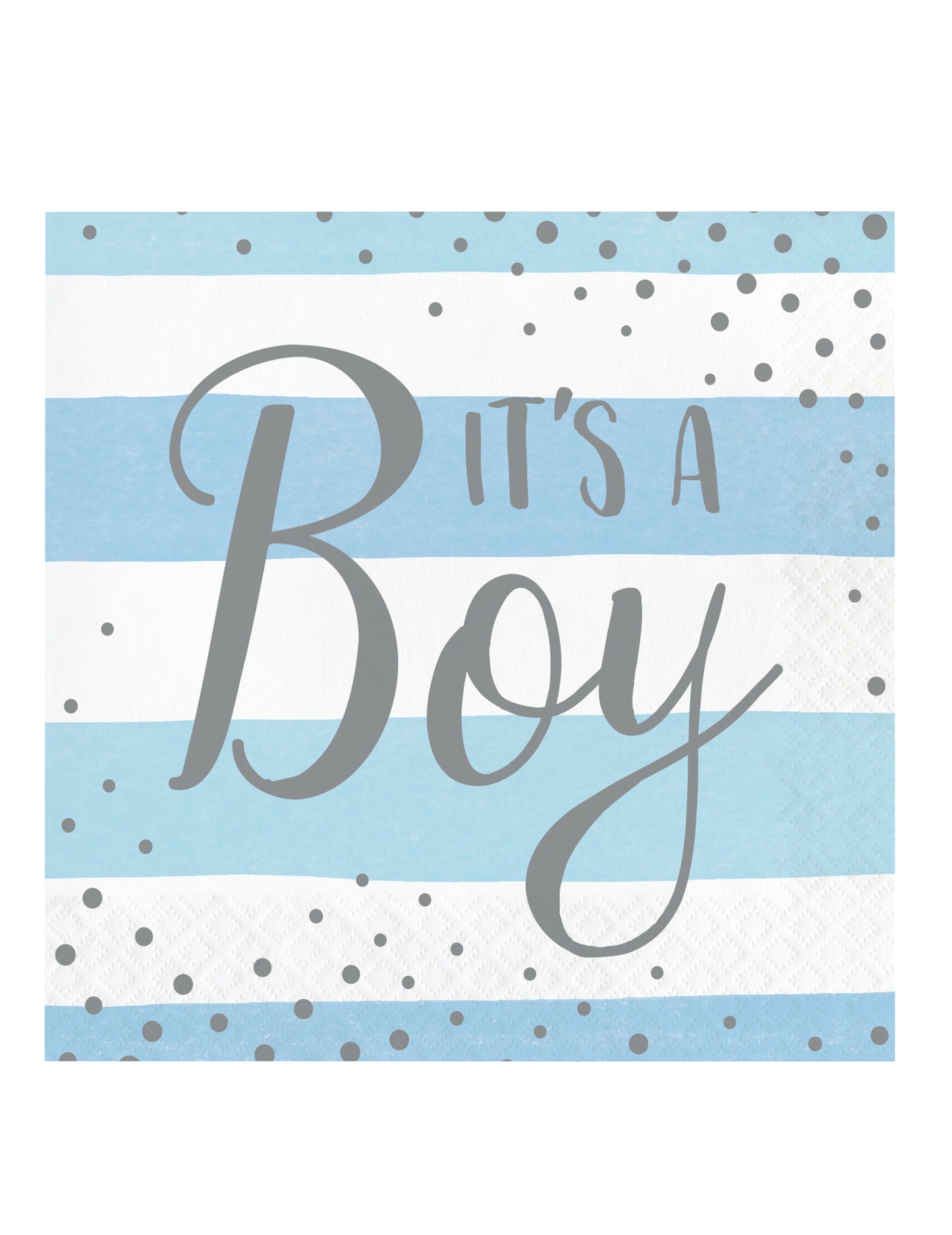 Serviettes en papier It's a boy pour baby shower bleu et blanc à rayures et pois argent