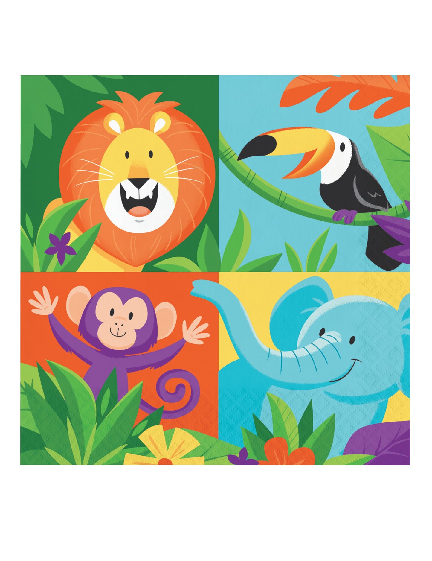 Serviettes en papier Jungle Safari pour enfant multicolore avec lion singe toucan et éléphant