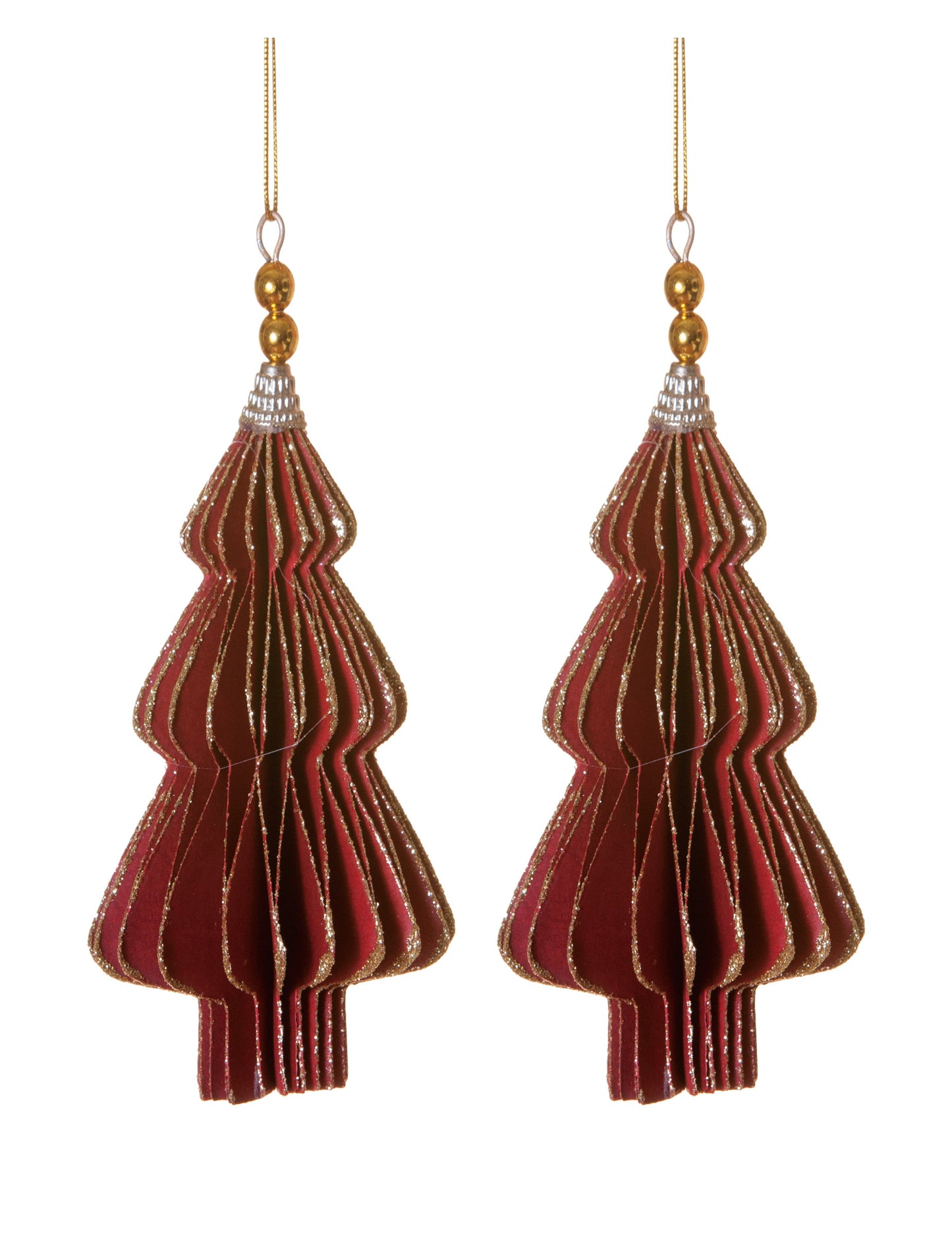 2 suspensions origami sapins rouges aux bords dorés
