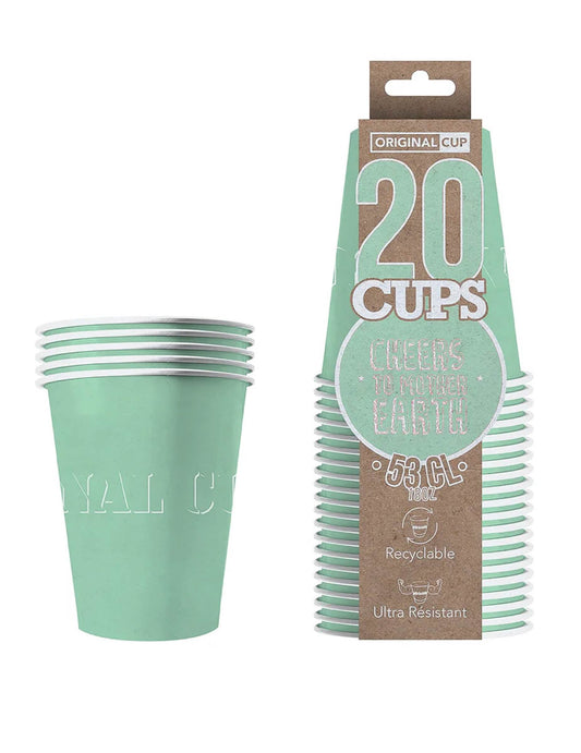 Vue de l'emballage et du lot de gobelets américains carton recyclable menthe 53 cl