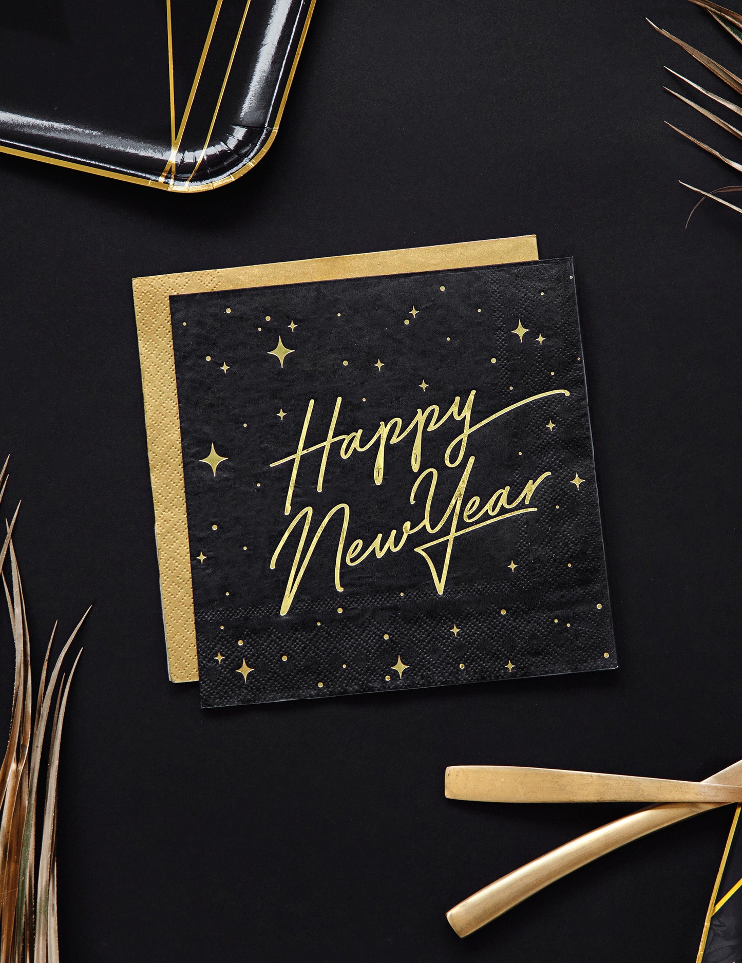 20 crno-zlatnih papirnatih salveta s natpisom "Sretna Nova godina", 33 x 33 cm cm zvjezdani dekor
