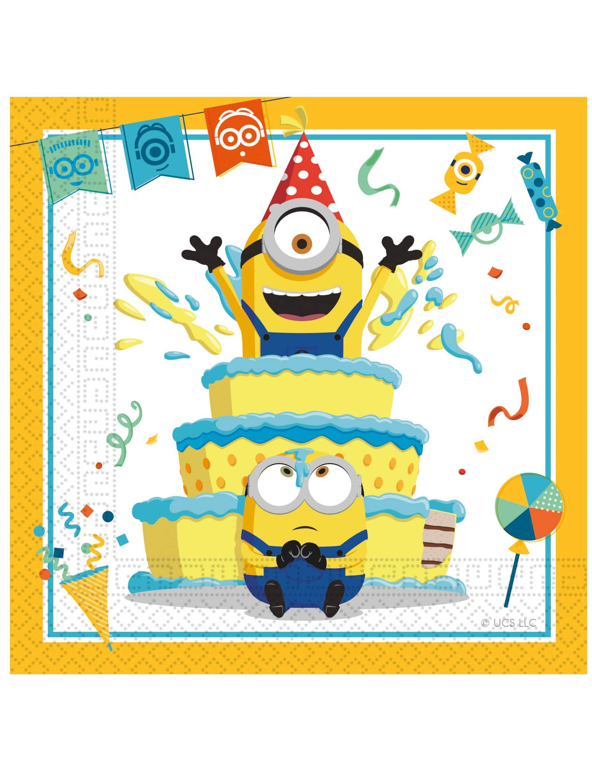 Serviettes en papier Minions jaune et bleu avec motif gâteau d'anniversaire