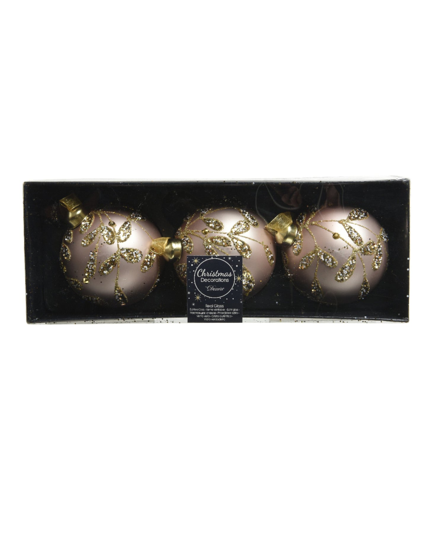 3 božićne kuglice od ružičastog matiranog stakla sa zlatnim listovima 8 cm