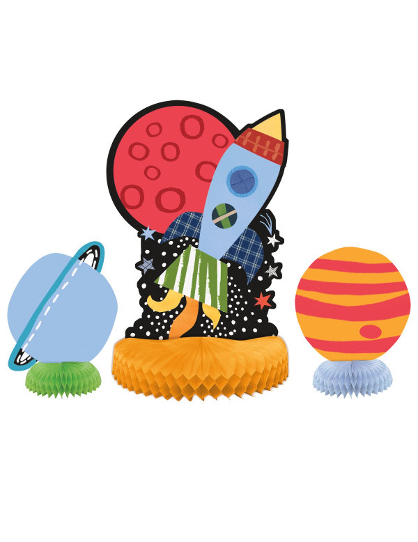 Centres de table univers et fusée multicolores en papier alvéolé