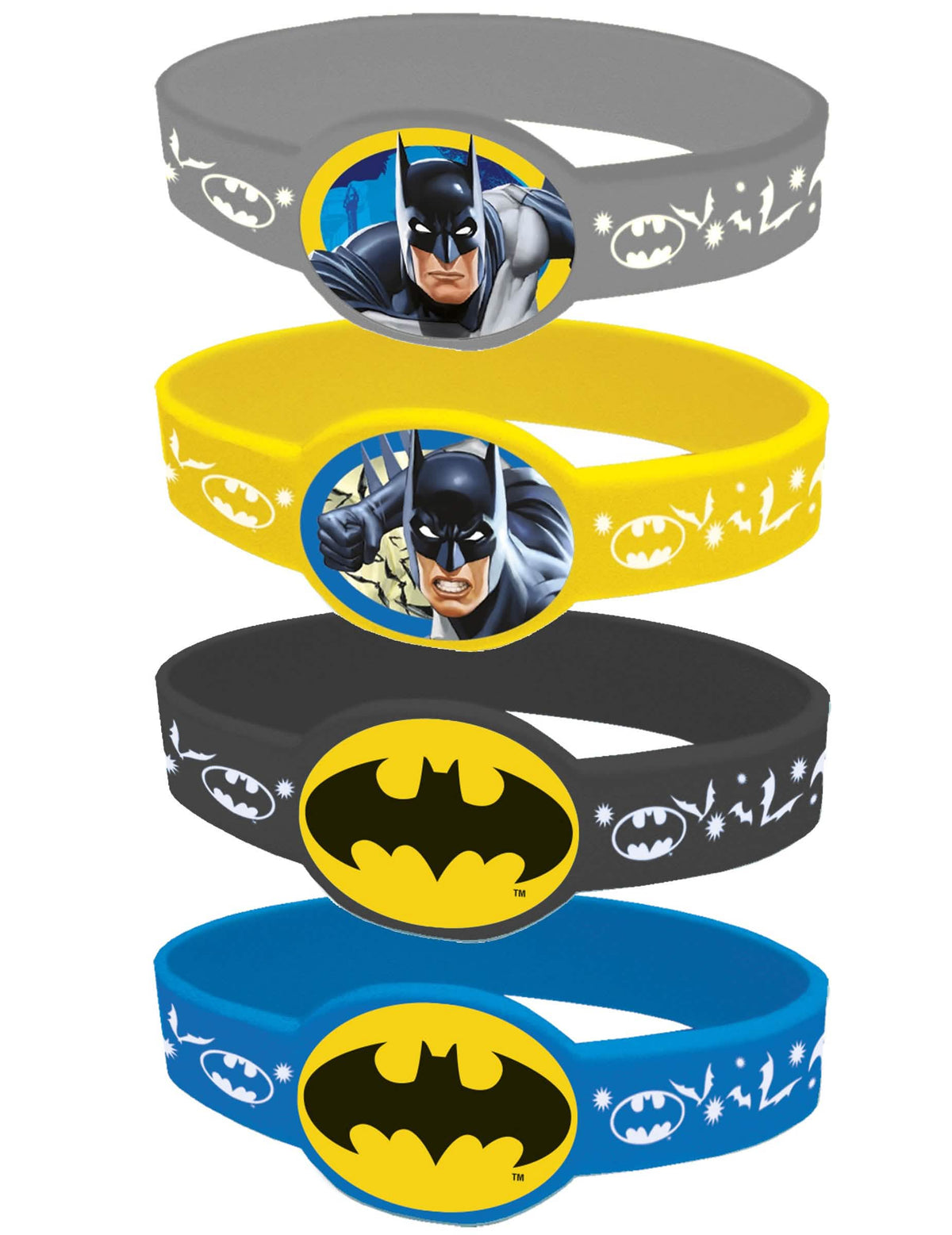 4 elastične narukvice Batman za dijete siva, žuta, crna i plava s motivima
