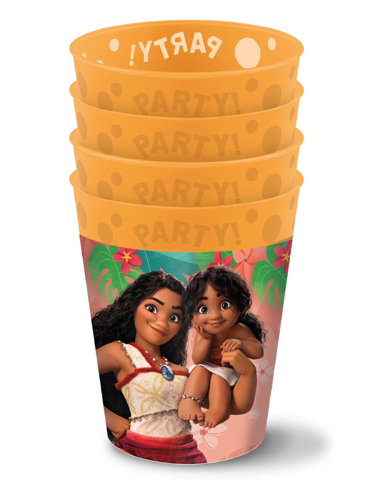 4 Gobelets réutilisables Vaiana 2 pour enfant orange avec imprimé tropical