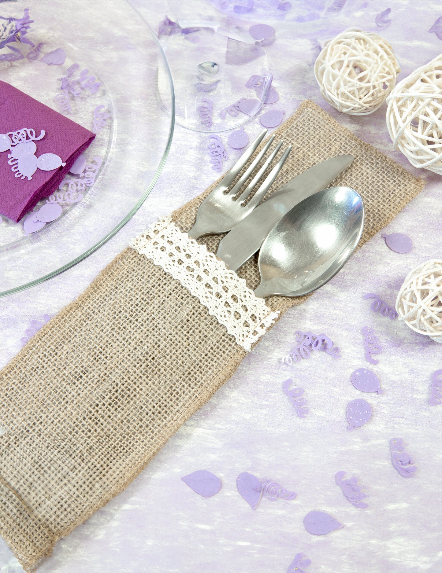 4 držača za pribor za jelo s efektom jute i bijele čipke, 8,5 x 24,5 cm cm