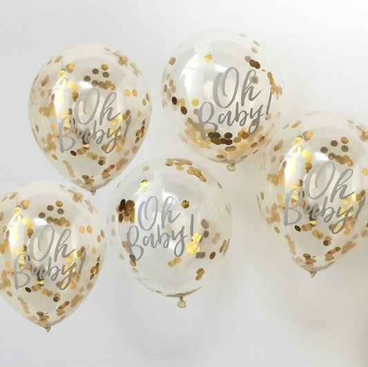 Vue d'ensemble du lot de 5 ballons Oh Baby en latex transparents à confettis dorés métallisés