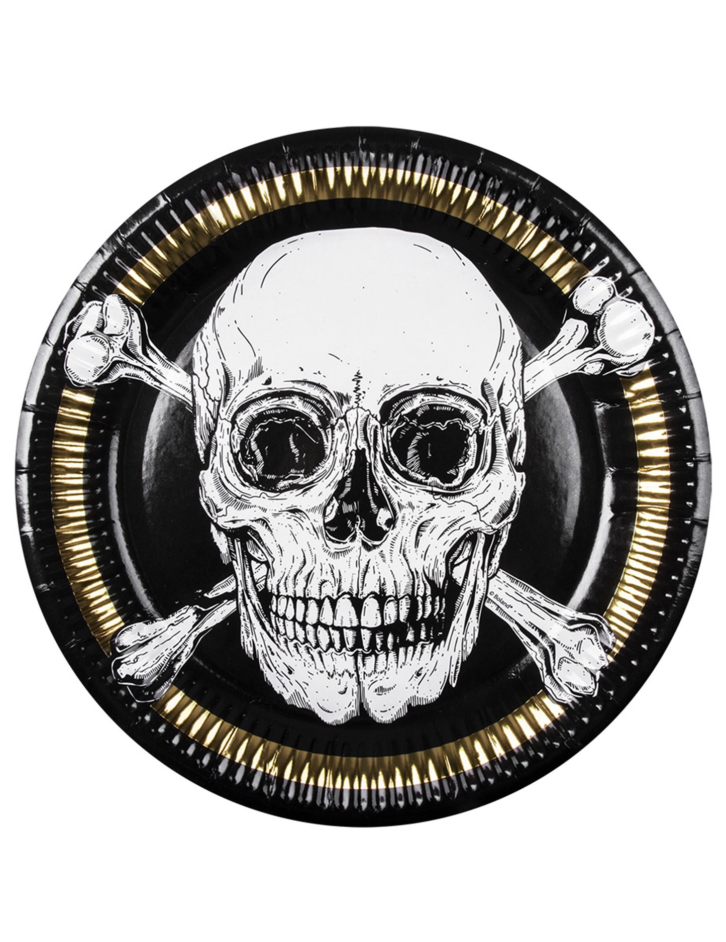 Assiettes en carton Pirate Jolly Roger noir blanc et doré