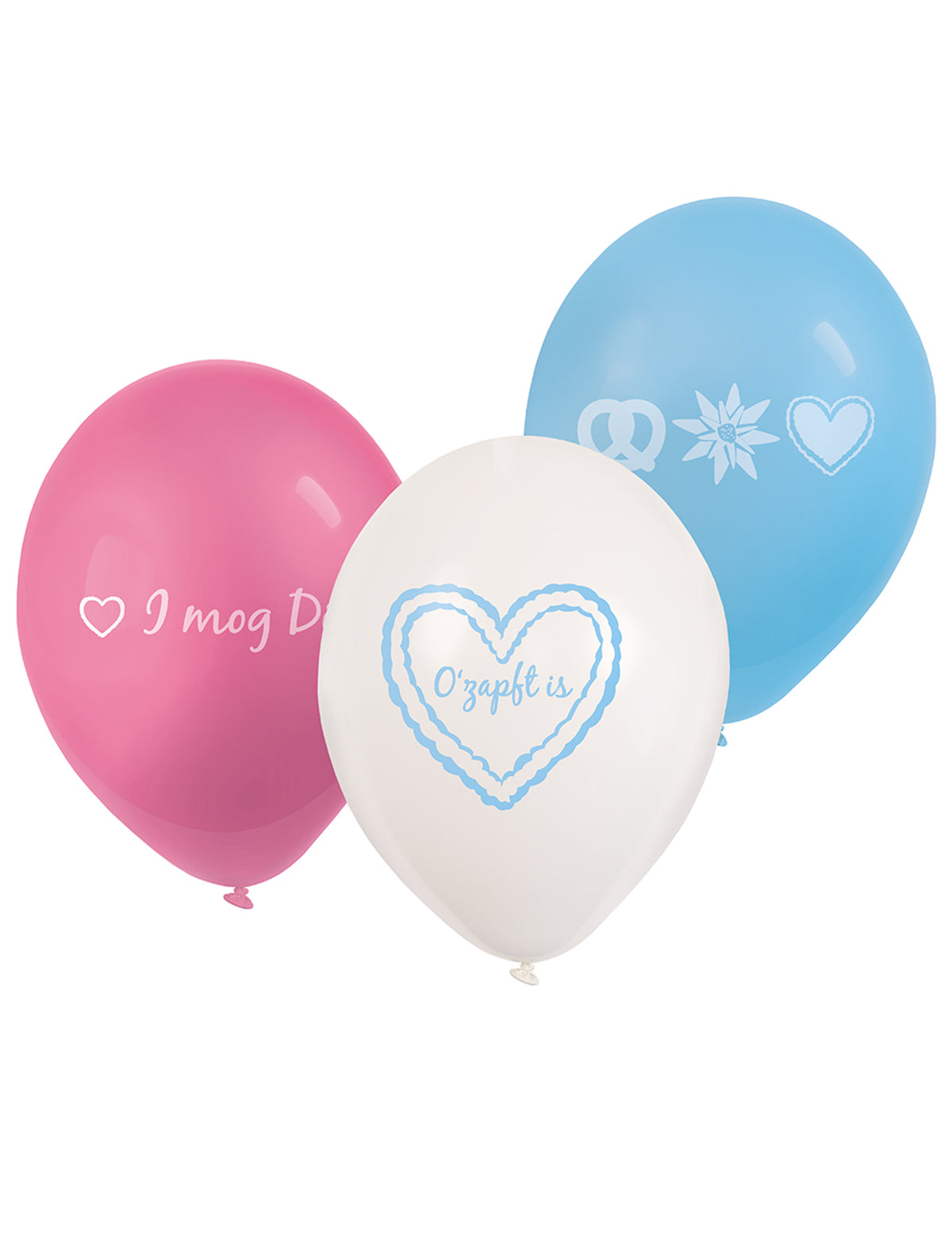 Ballons en latex fête de la bière bleu blanc et rose avec motifs cœurs et bretzels