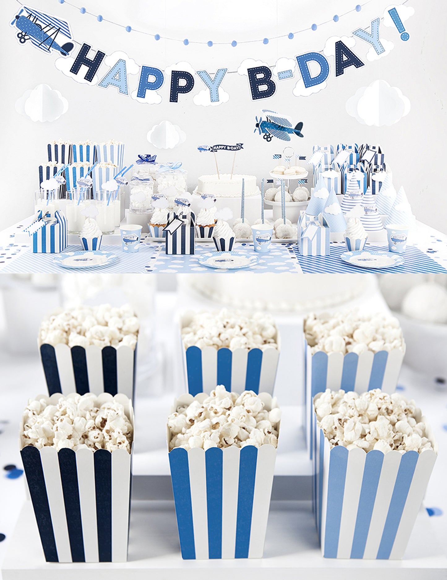 6 plavih kutija za kokice s prugama 7,5 x 12 cm