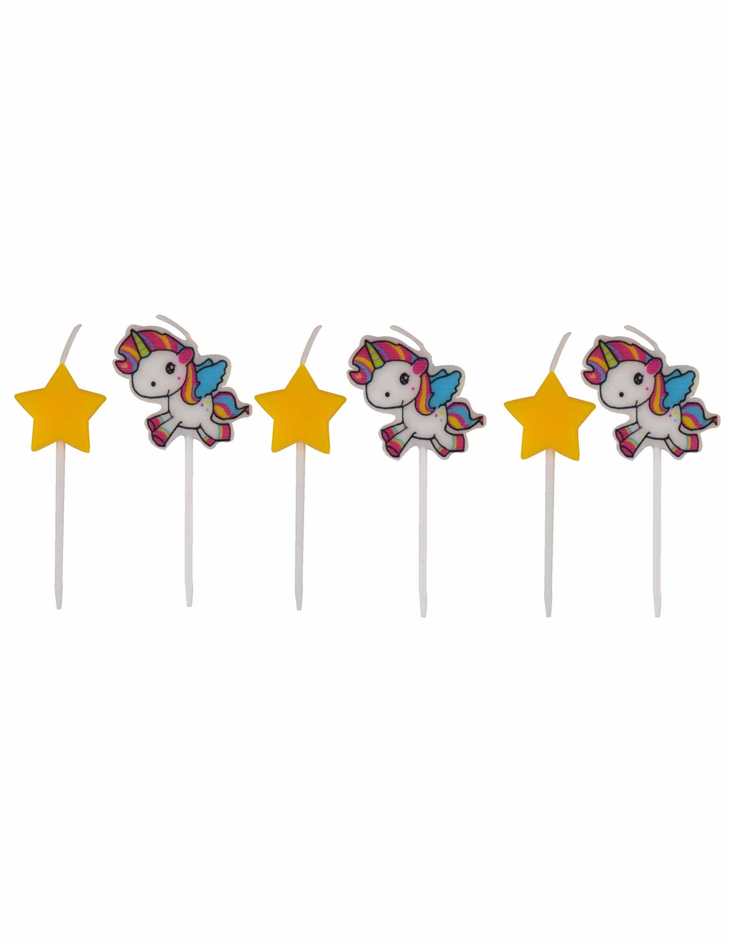 6 bougies licorne pour enfant multicolores avec étoiles jaunes