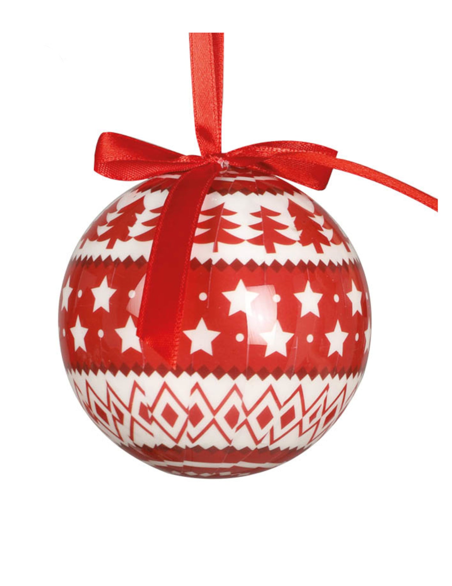 Boule décorée motifs traditionnels pour Noël rouge et blanche avec ruban