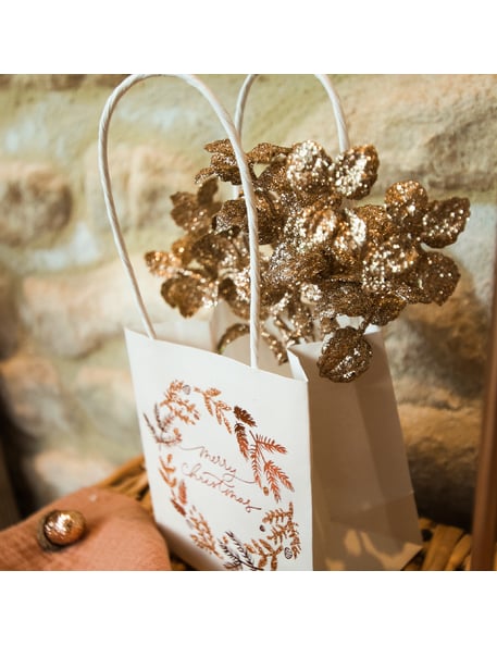 Mise en situation dans un sac cadeau des 6 branches d'eucalyptus Noël féerique
