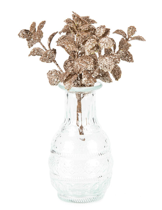 Mise en situation dans un vase des branches d'eucalyptus rose gold givré à paillettes