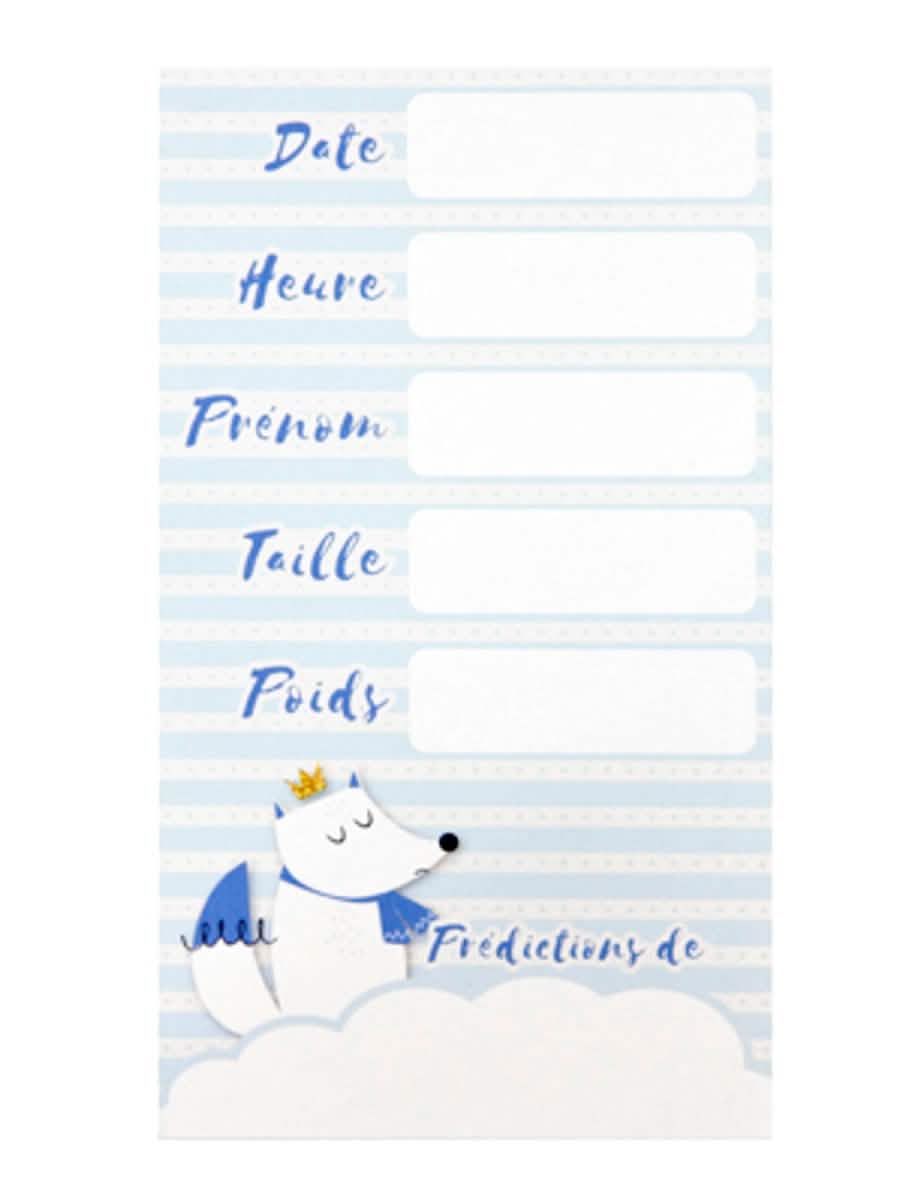 Karte za predviđanje s motivom bijele lisice za baby shower plave
