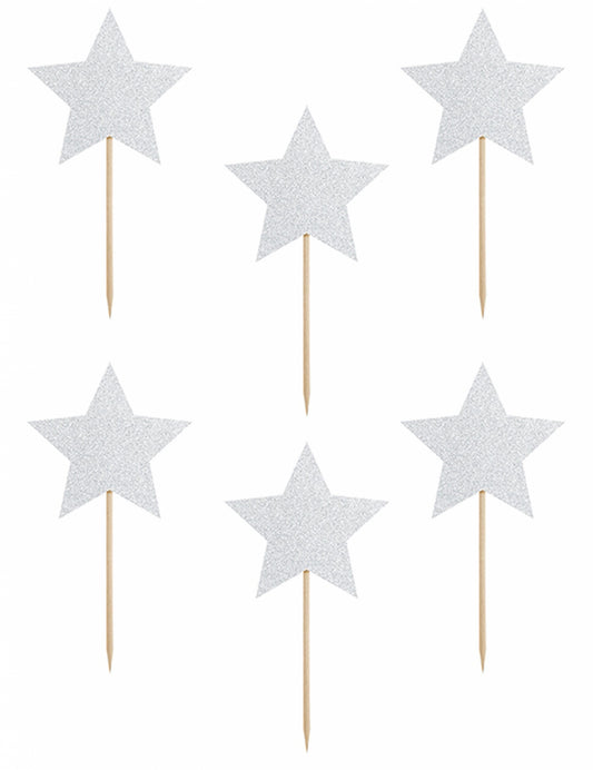 Lot de 6 de la décoration pour gâteau sur pique étoile pour anniversaire argent pailleté