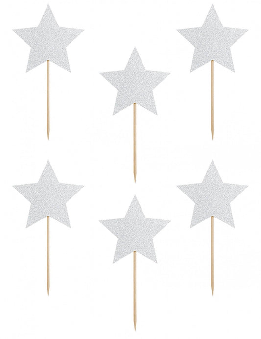 Lot de 6 de la décoration pour gâteau sur pique étoile pour anniversaire argent pailleté