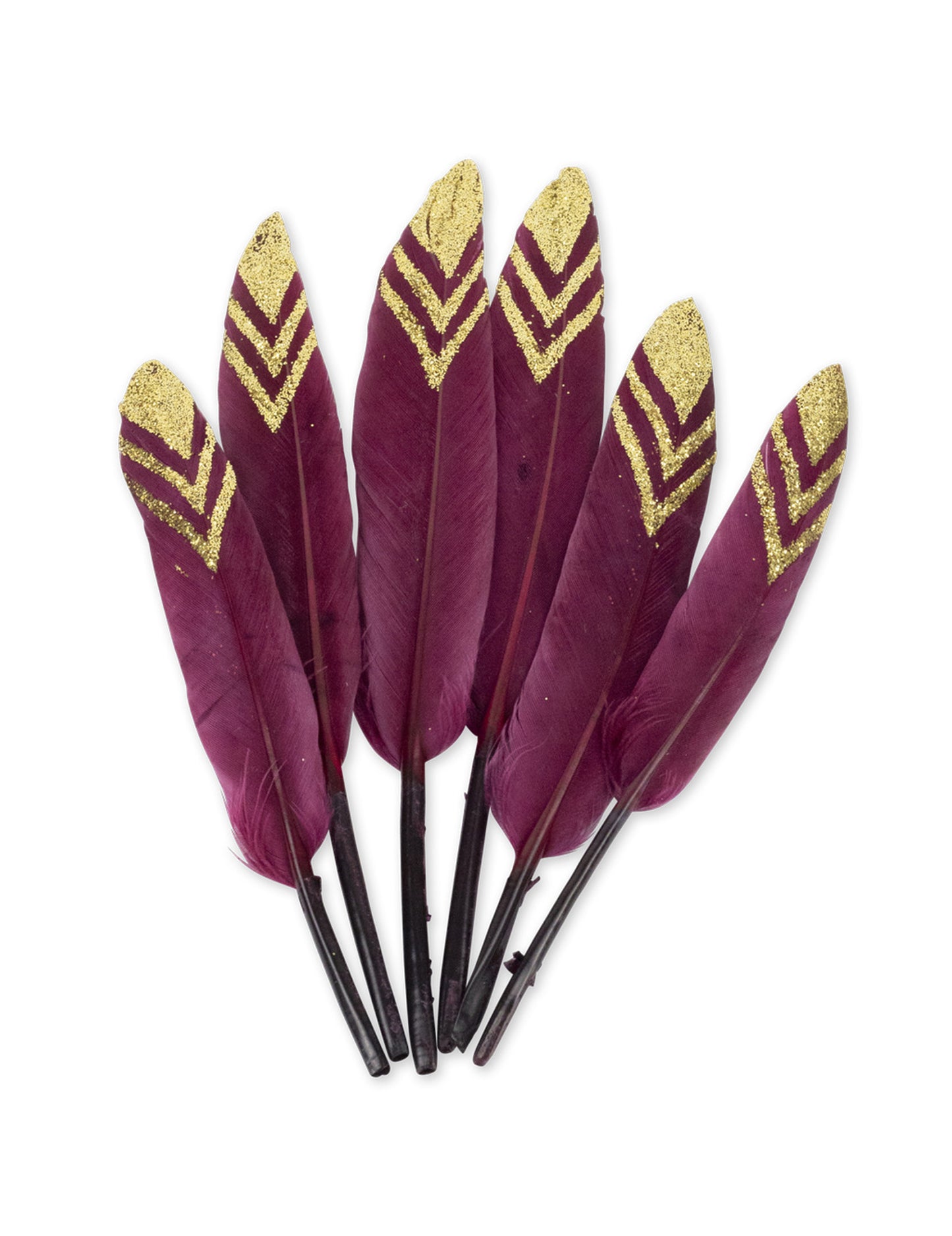 6 etničkih pera u boji marsala i zlatnim šljokicama 14 cm za ukrašavanje
