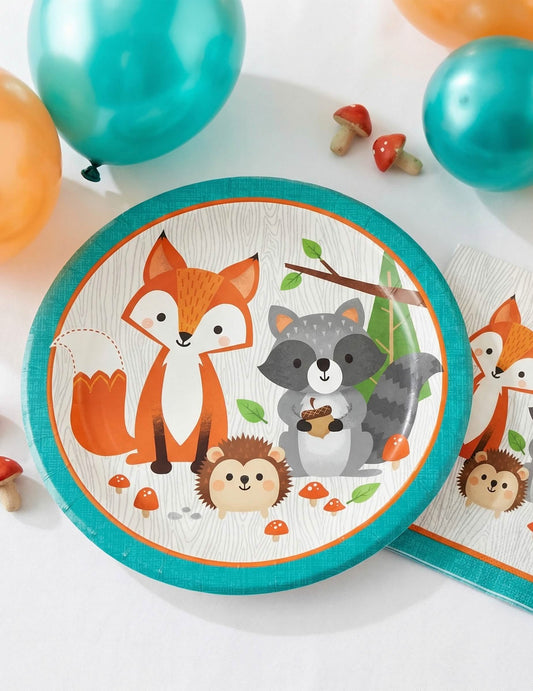 Mise en scène des assiettes en carton animaux de la forêt