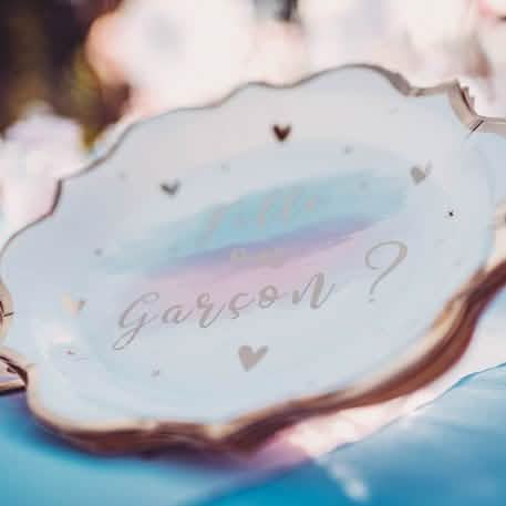 Krupni plan natpisa na kartonskim tanjurima za djevojčica ili dječak za baby shower