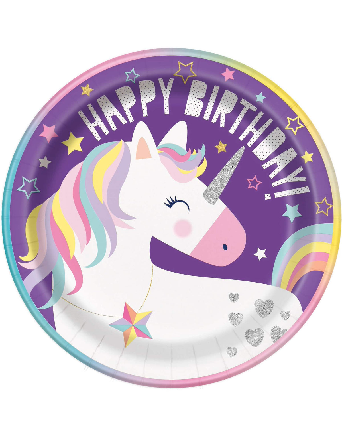 Kartonski tanjuri Happy Birthday jednorozi party za rođendan djevojčice, ljubičasti s detaljima od sjaja