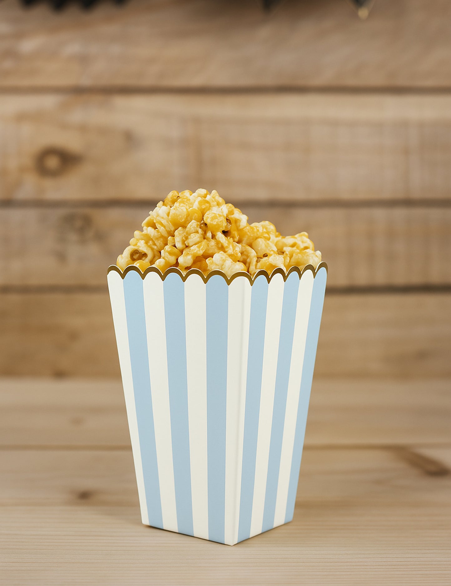 8 boîtes à pop corn bleu pastel et or en carton rayé