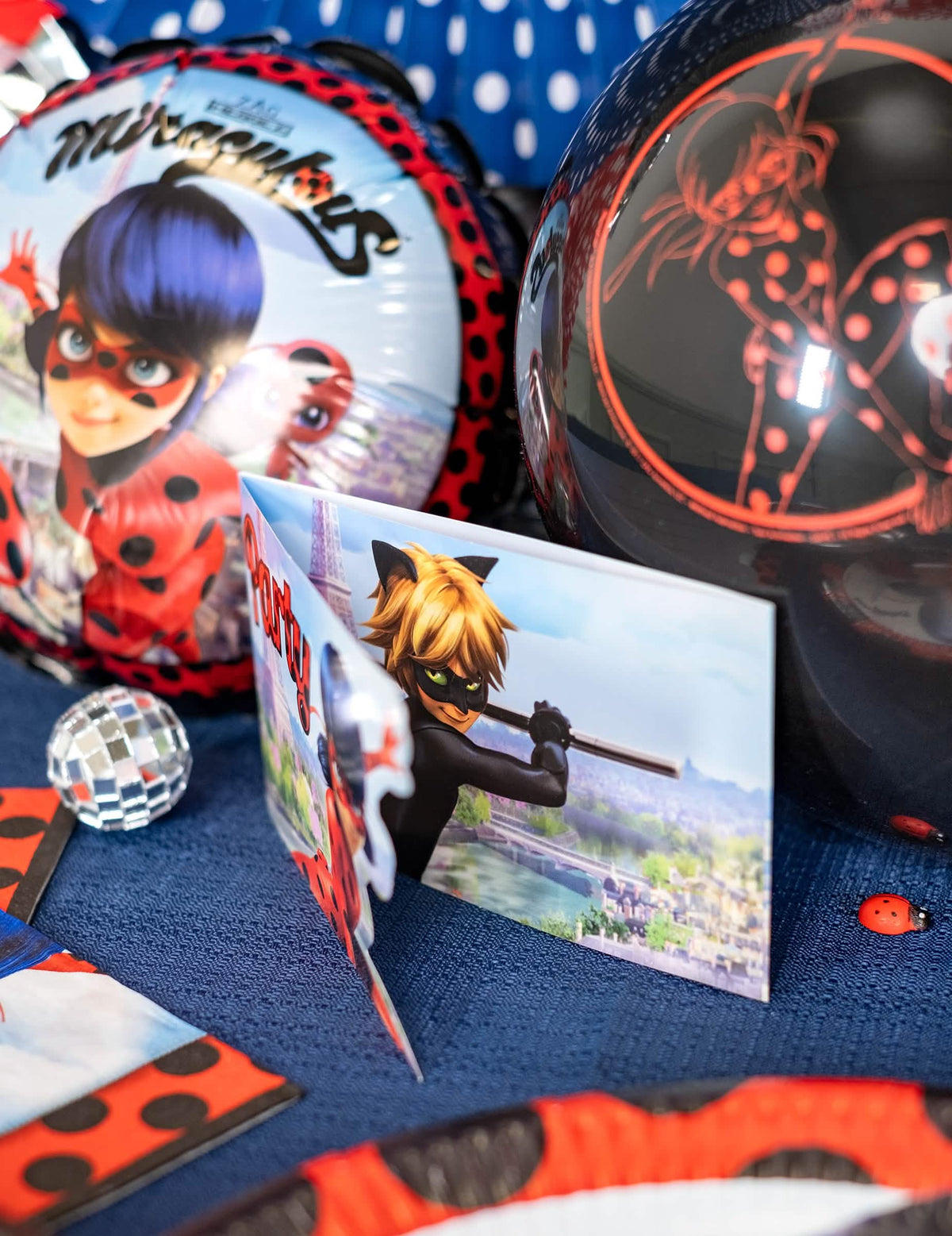 Detalj ilustracije crna mačke na Party pozivnicama s omotnicama Ladybug