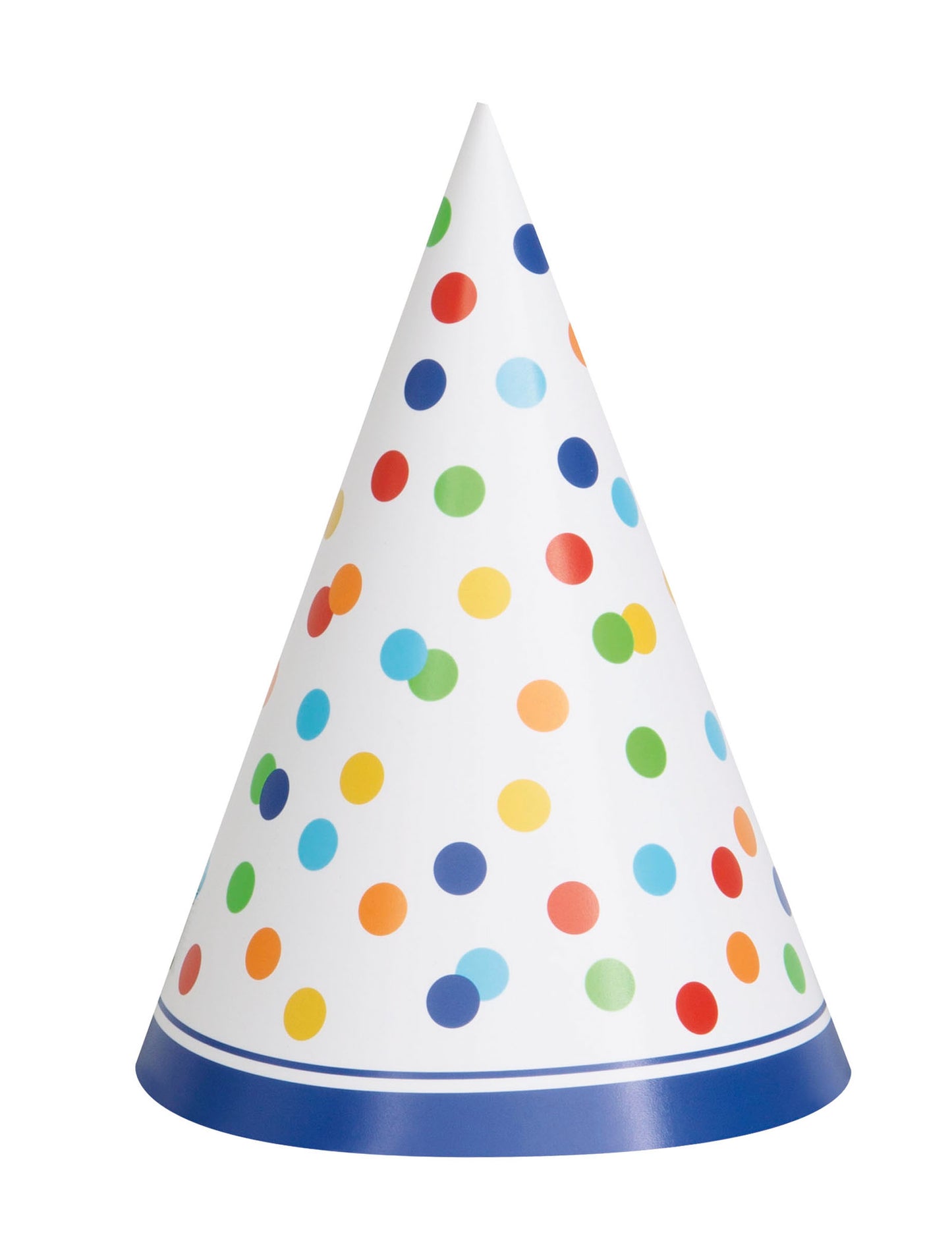 8 šarenih kartonskih party šešira s točkicama 'Happy Birthday' s elastičnom trakom