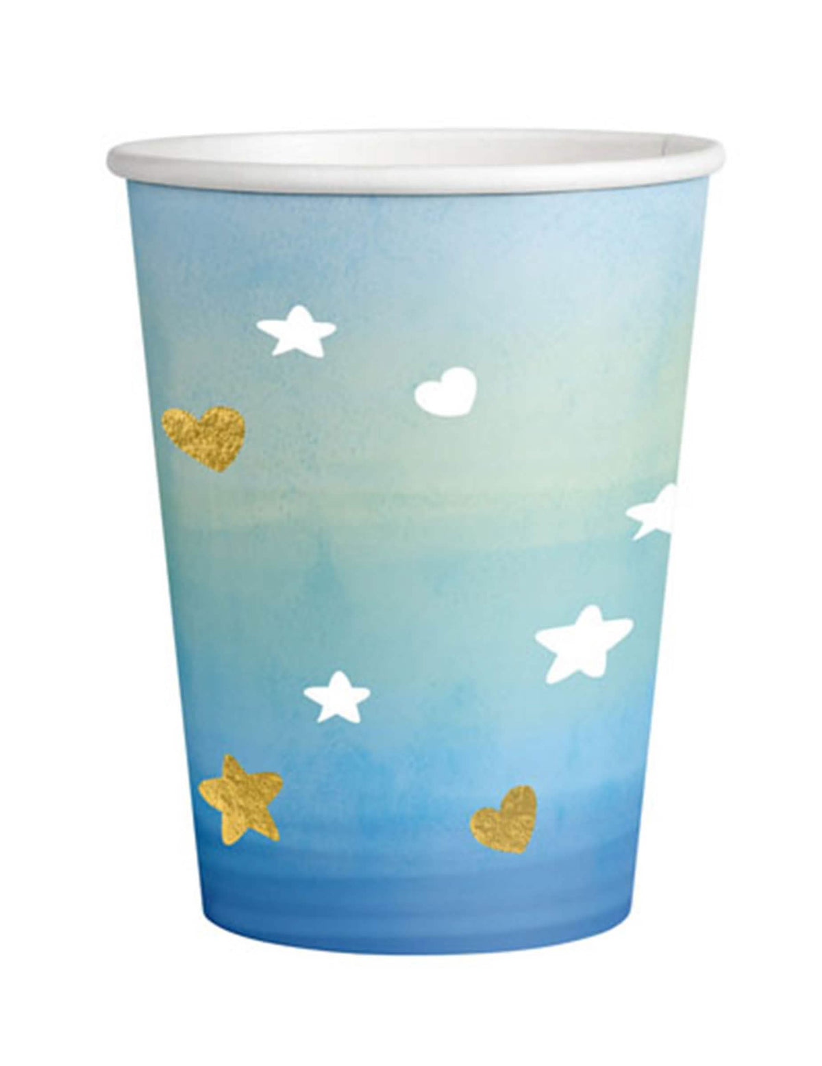 Kartonske čaše Oh Baby za baby shower plava i zlatna s zlatnim srcima i zvijezdama