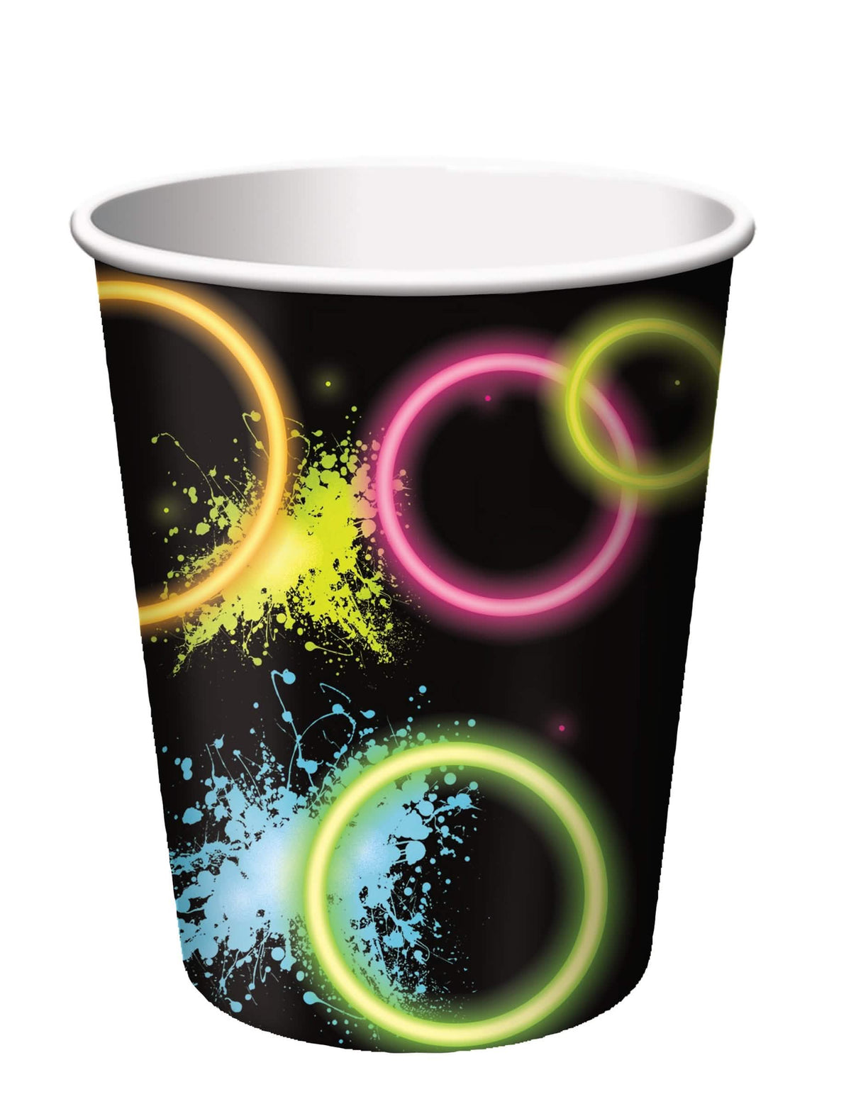 Kartonske čašice Glow Party za zabavu crna s obojenim neonskim motivima