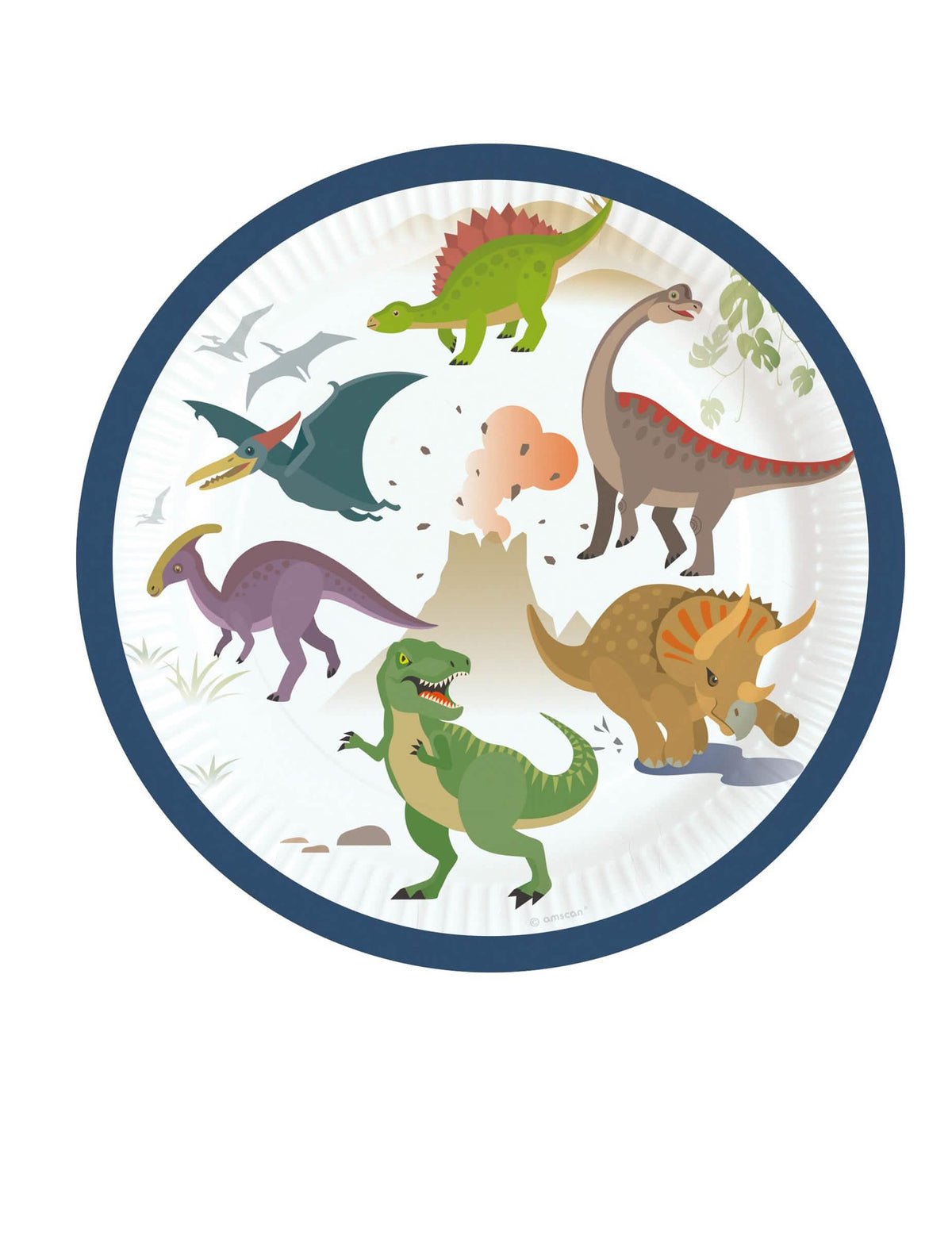 Kartonski tanjuri veliki dinosauri za rođendan s motivima šarenih dinosaura i vulkanom