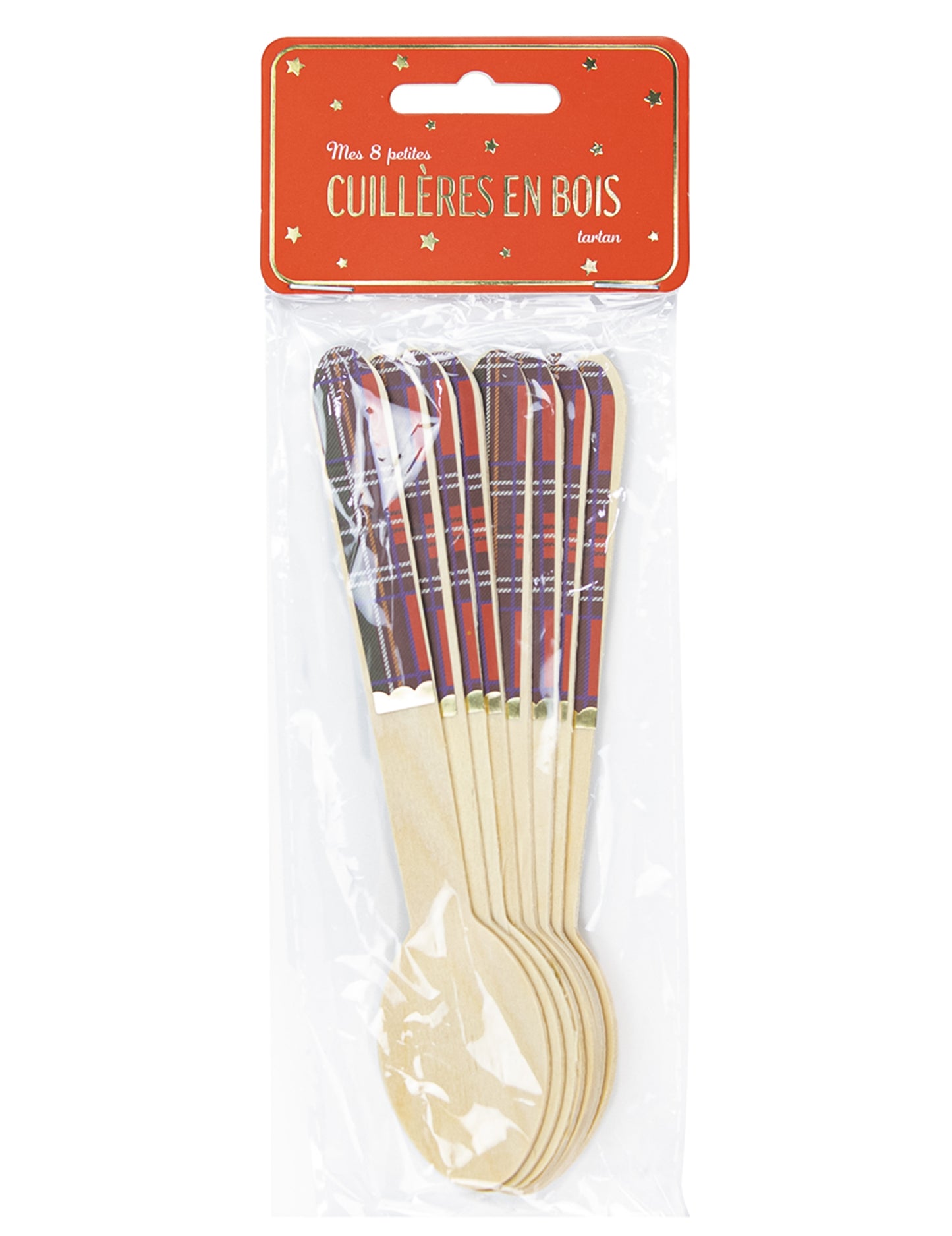 8 malih drvenih žlica s tartanom za Božić 16 cm sa zlatnom pletenicom