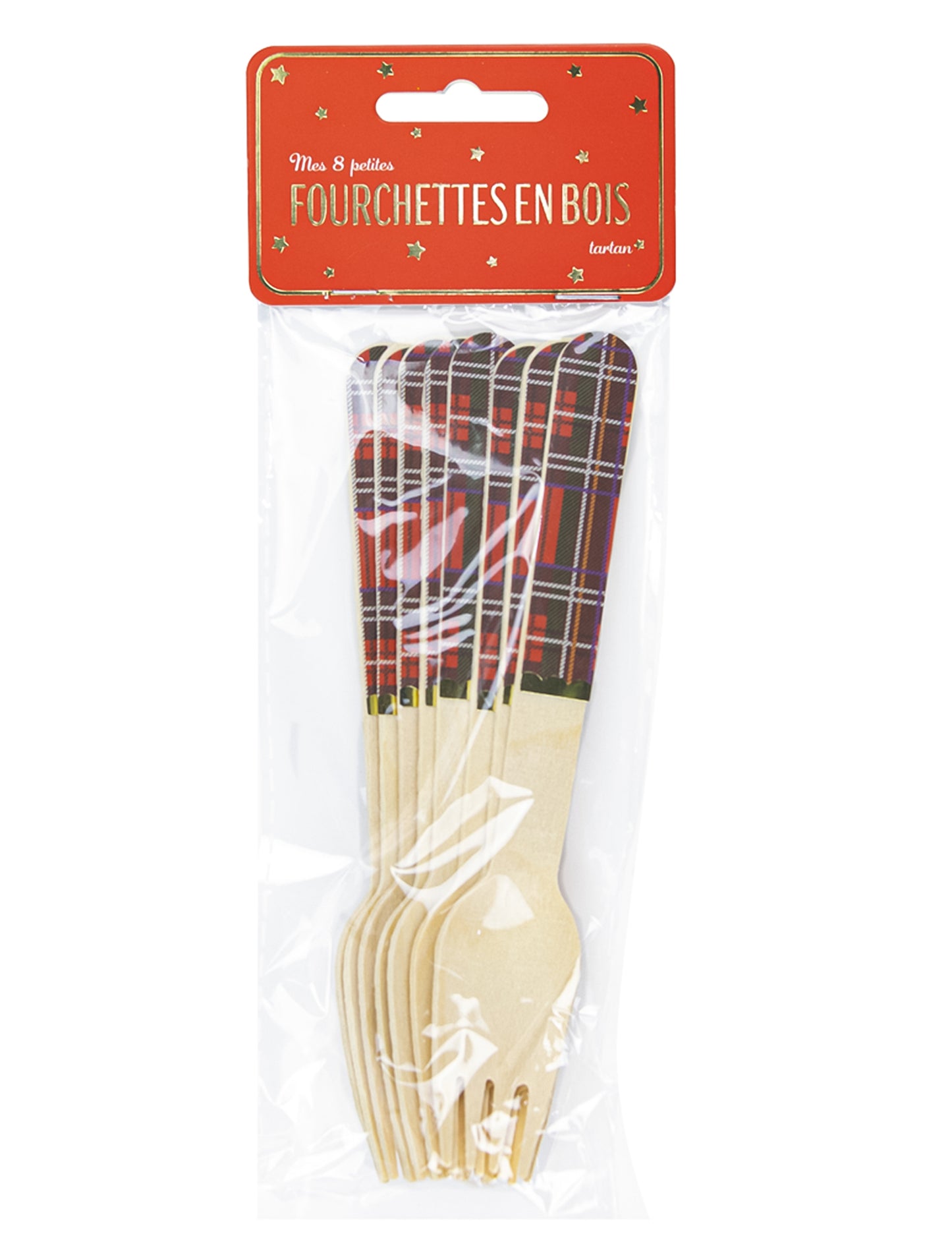 8 drvenih vilica s božićnim tartanom 16 cm jednokratni