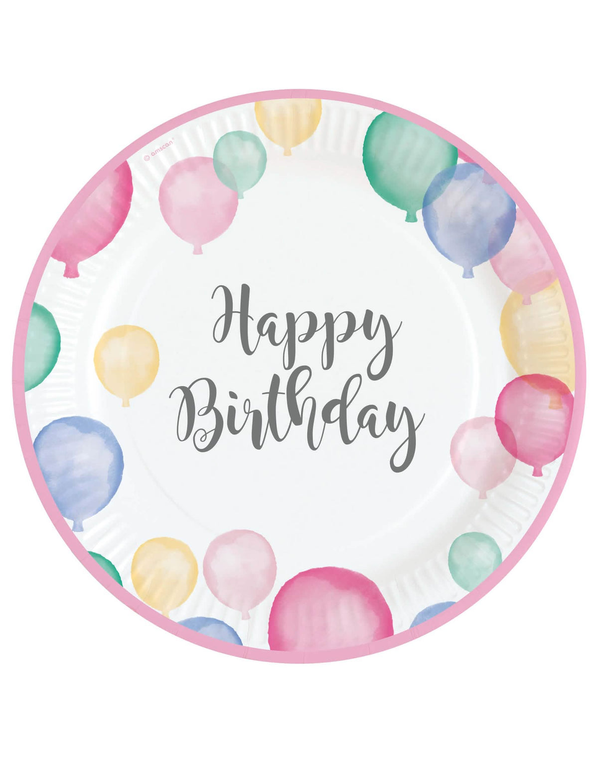 Assiettes en carton Happy Birthday ballons pastel pour anniversaire contour rose