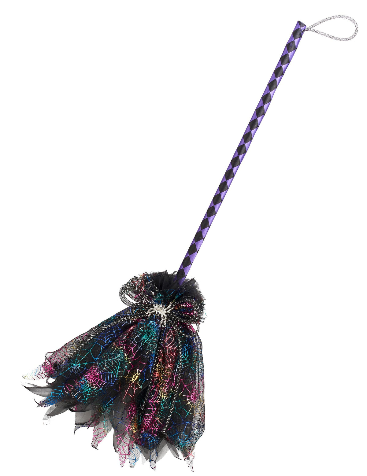 Balai de sorcière métallisé pour adulte violet et noir avec tulle multicolore et araignée