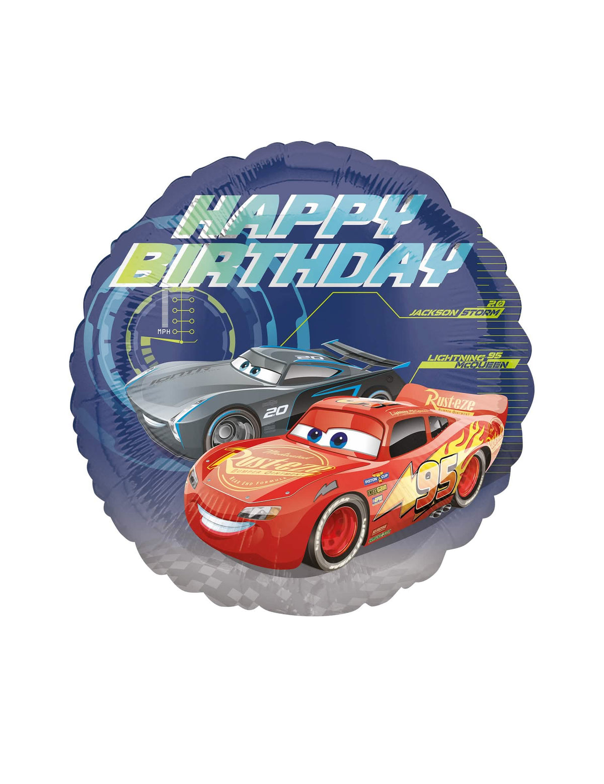 Balon od aluminija Happy Birthday Cars 3 za dijete plava s Flash McQueenom i Jackson Stormom