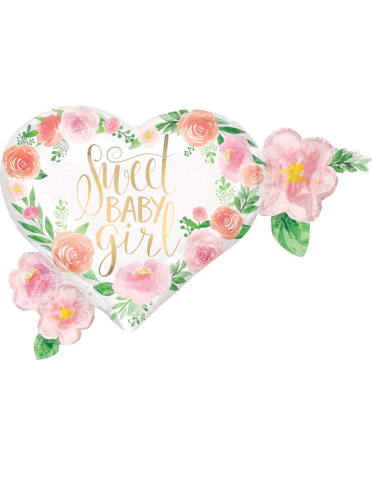 Balon od aluminija Sweet baby girl za baby shower bijela s ružičastim i narančasta cvjetovima