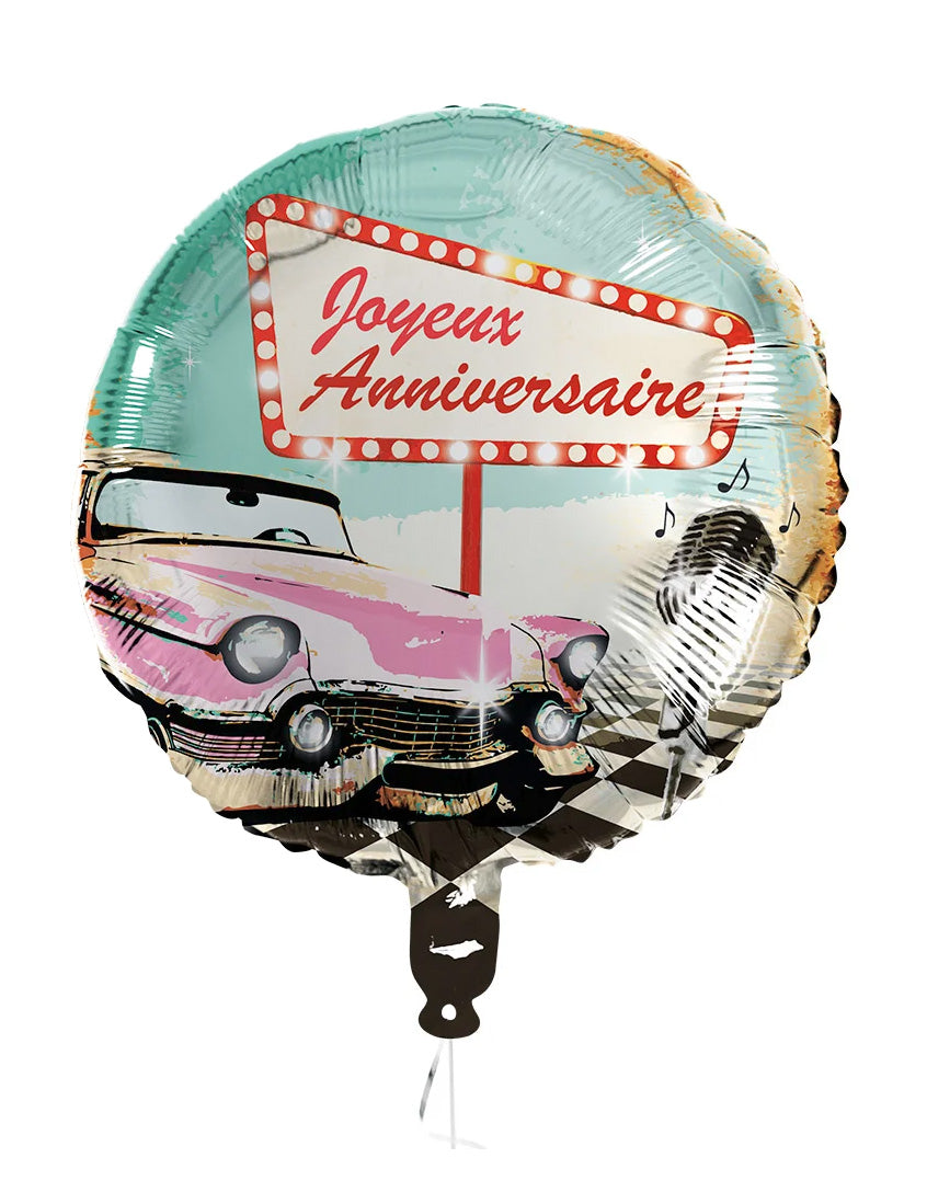 Ballon aluminium Joyeux Anniversaire Rock'n'roll bleu turquoise avec voiture rose et micro vintage
