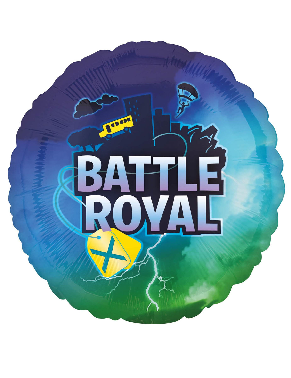 Okrugli aluminijski balon Battle Royale za zabavu plava i zelena s žuta autobusom i munjom