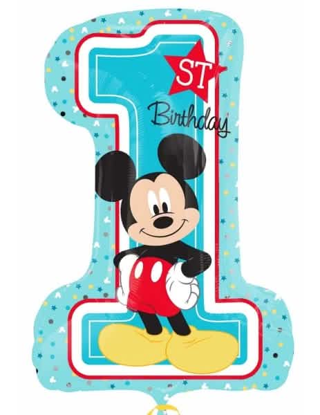 Balon broj 1 od aluminija Miki Maus plava nebo s natpisom 1st Birthday