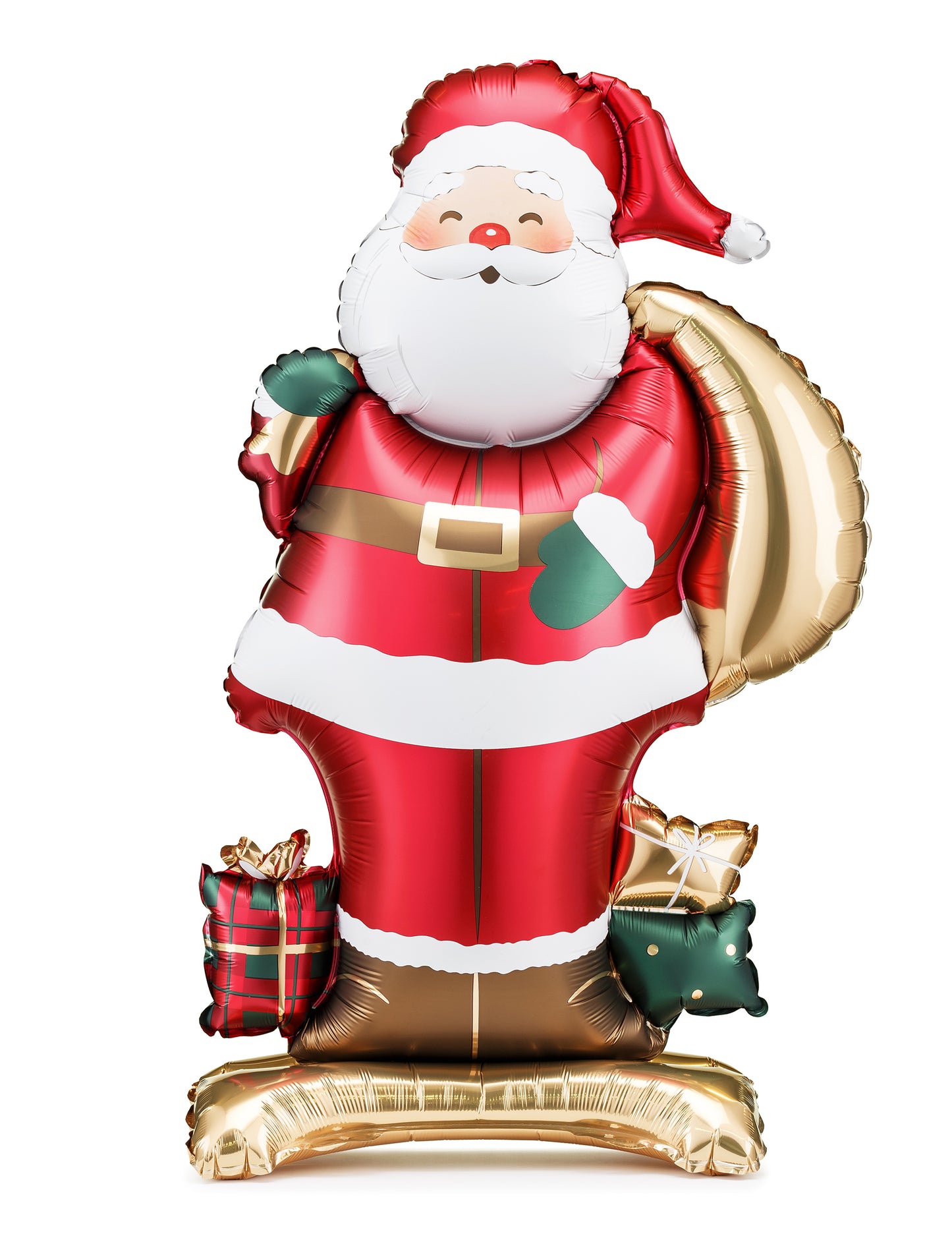 Ballon en aluminium Père Noël debout rouge blanc et doré avec hotte et cadeaux