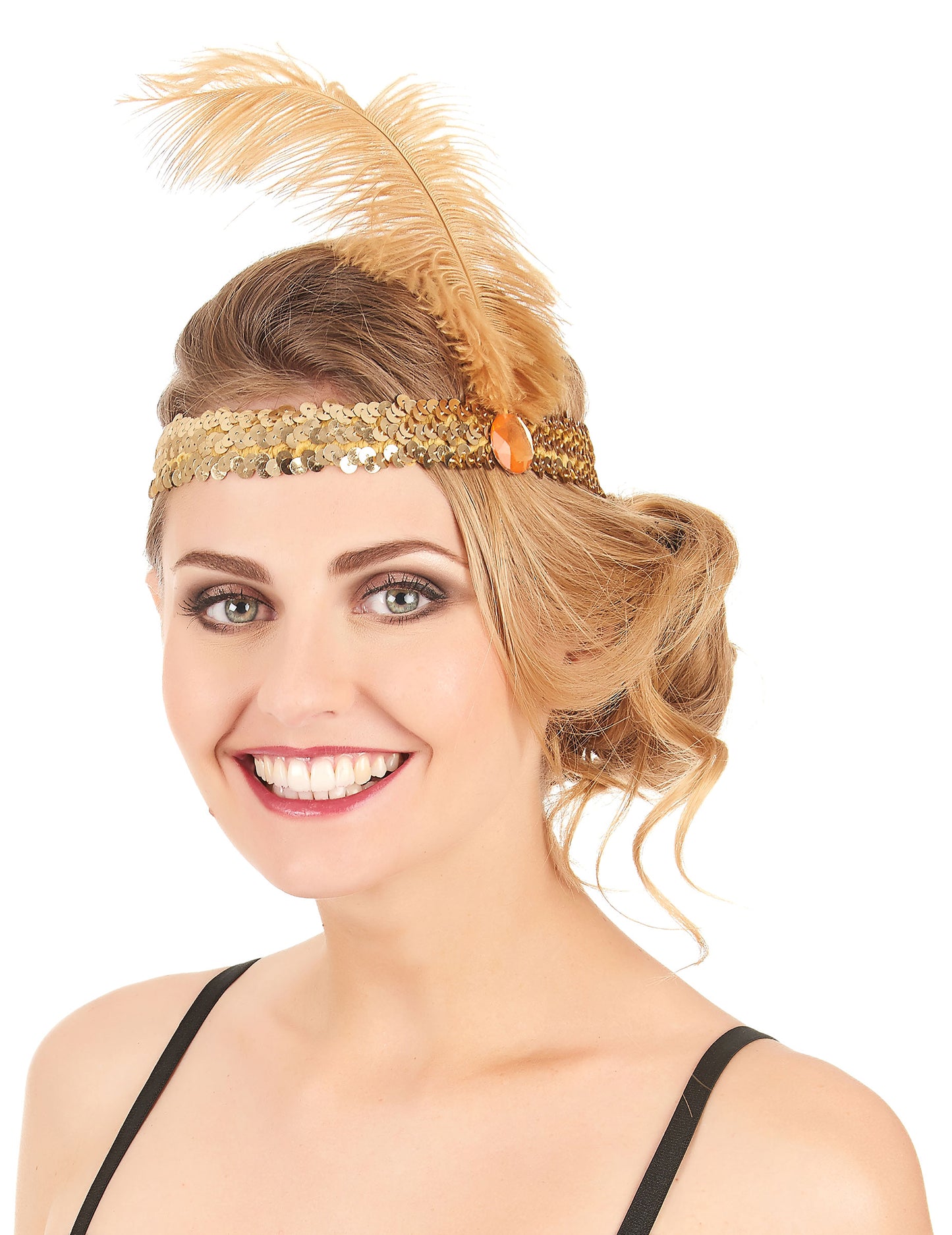 Charleston transparent sa šljokicama i pozlaćenim ženskim perjem