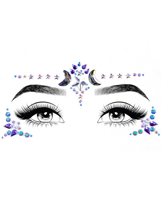 Détail du positionnement sur le visage des bijoux pour visage adhésifs lunaire