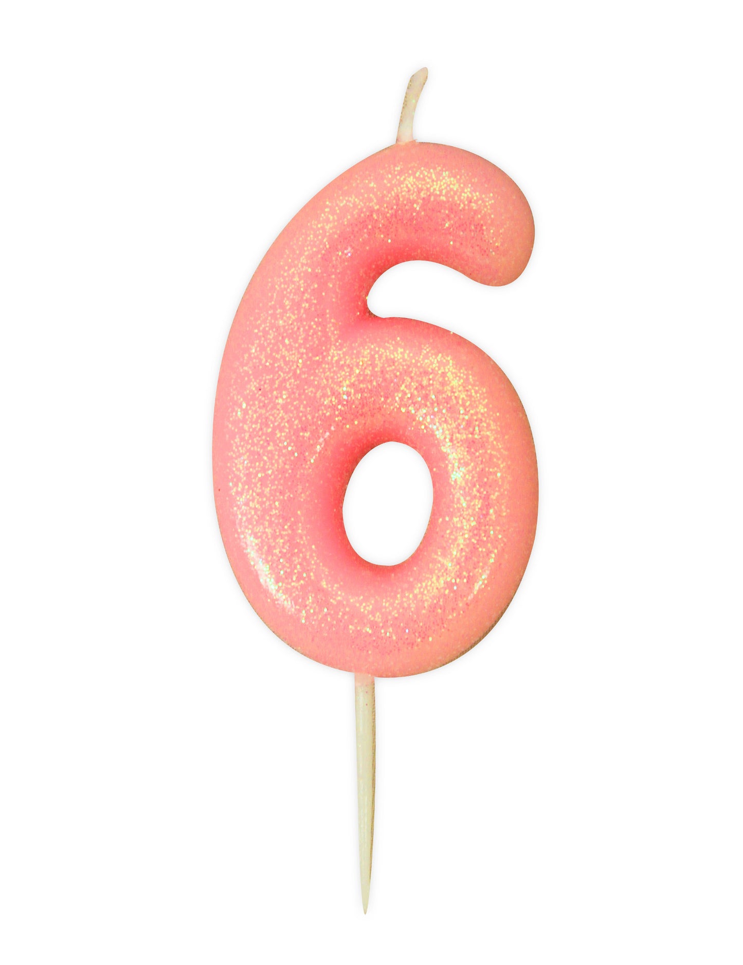 Svijeća brojka 6 ružičasta s iridescentnim šljokicama 9 cm