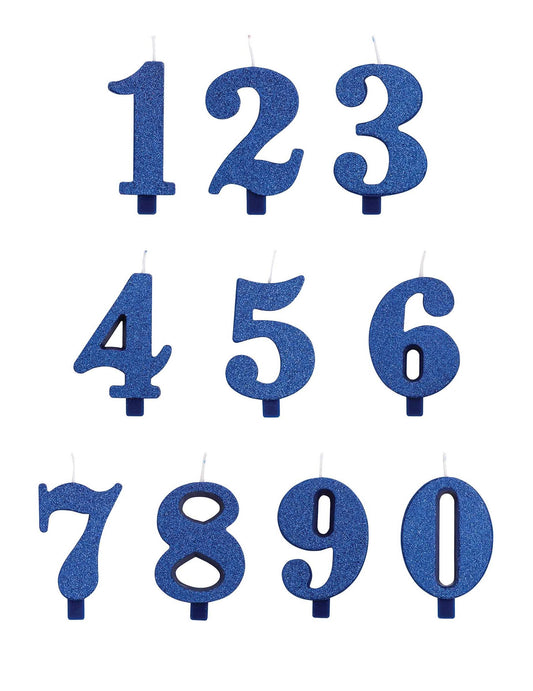 Vue d'ensemble des chiffres de 0 à 9 de la bougie anniversaire chiffre bleue pailletée