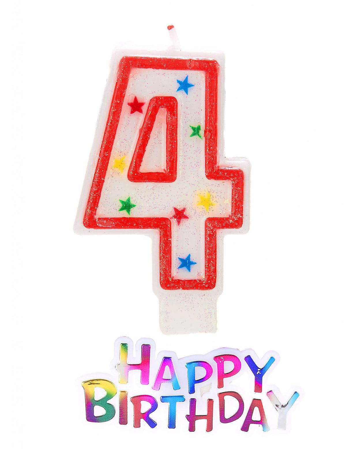 Svijeća u obliku broja 4 sa zvjezdicama, šljokičasta happy birthday za rođendan, bijela s crvenim rubom