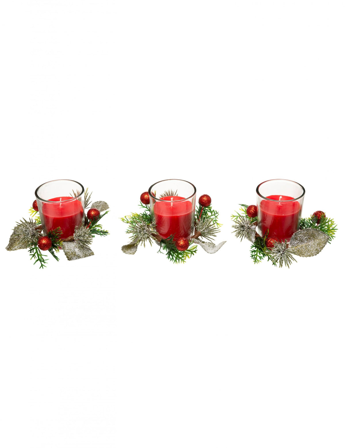 3 bougies en photophore avec sapin et baies pour décoration rouges