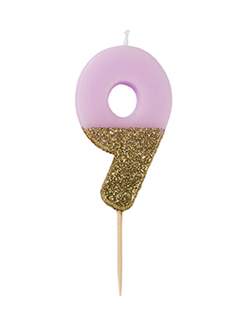 Svijeća na štapiću s ružičastom i zlatnom šljokicama broj 9, 13,8 cm za rođendansku tortu